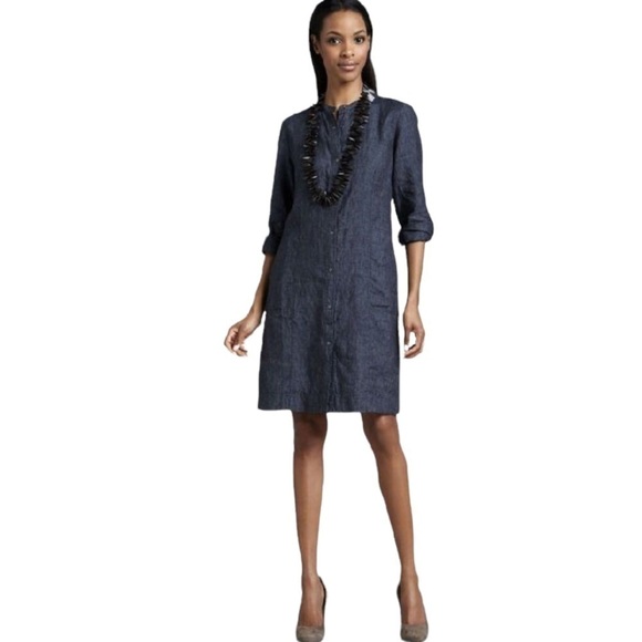 Eileen Fisher Washed Linen Snap Button Front Shirt Dress Blue - Picture 2 of 5